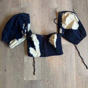 Acid Wash Denim Puff Sleve Front Closure Corset Top Sz Small